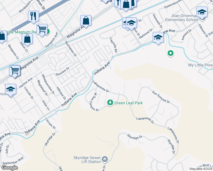 map of restaurants, bars, coffee shops, grocery stores, and more near 16155 Setting Sun Circle in Riverside