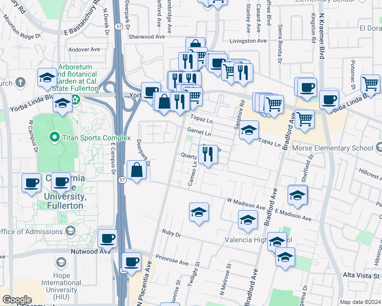 map of restaurants, bars, coffee shops, grocery stores, and more near 3101 Quartz Lane in Fullerton