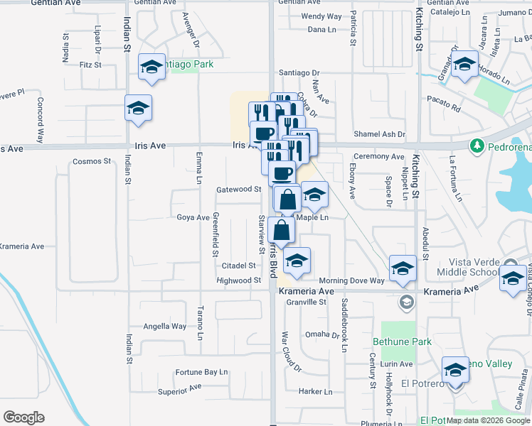map of restaurants, bars, coffee shops, grocery stores, and more near 16220 Starview Street in Moreno Valley
