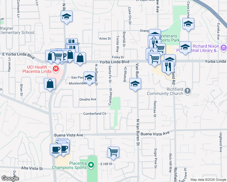map of restaurants, bars, coffee shops, grocery stores, and more near 1248 Carlsbad Street in Placentia
