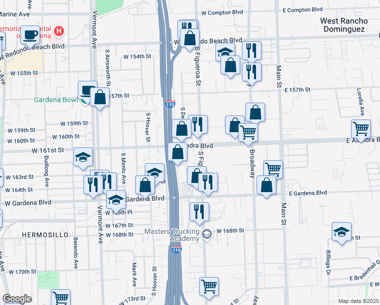 map of restaurants, bars, coffee shops, grocery stores, and more near 16111 South Denver Avenue in Gardena