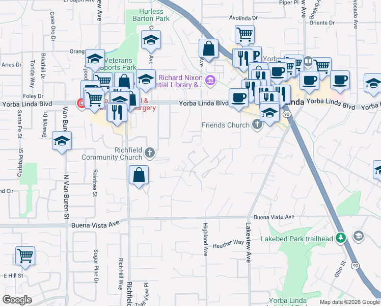 map of restaurants, bars, coffee shops, grocery stores, and more near 5231 Highland Avenue in Yorba Linda
