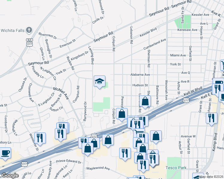 map of restaurants, bars, coffee shops, grocery stores, and more near 2806 Colquit Road in Wichita Falls