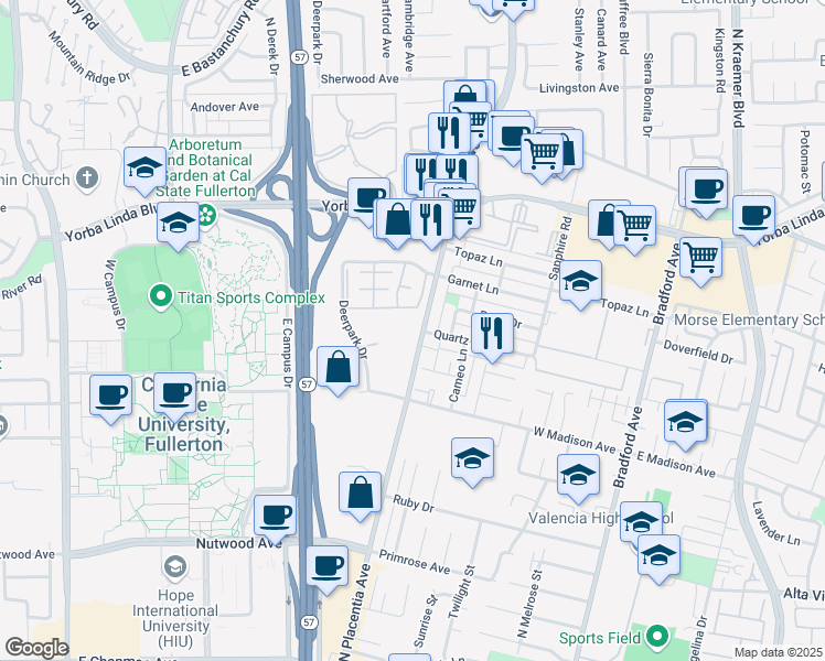map of restaurants, bars, coffee shops, grocery stores, and more near 1461 North Placentia Avenue in Fullerton