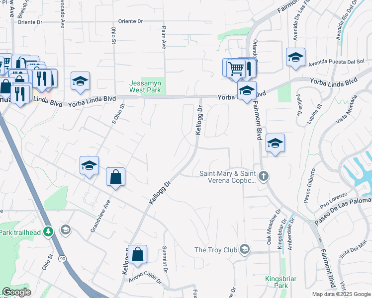 map of restaurants, bars, coffee shops, grocery stores, and more near 5241 Kentwater Place in Yorba Linda