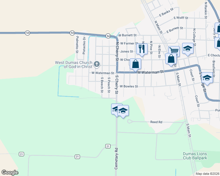 map of restaurants, bars, coffee shops, grocery stores, and more near 429 South Peach Street in Dumas