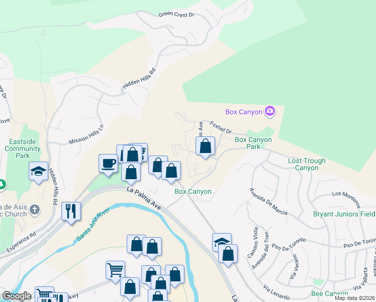 map of restaurants, bars, coffee shops, grocery stores, and more near 11 Box Canyon Drive in Yorba Linda