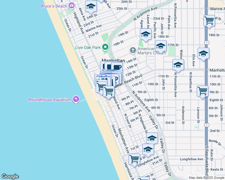 map of restaurants, bars, coffee shops, grocery stores, and more near in Manhattan Beach