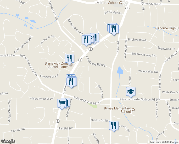 map of restaurants, bars, coffee shops, grocery stores, and more near 2819 Crest Ridge Way Southwest in Marietta