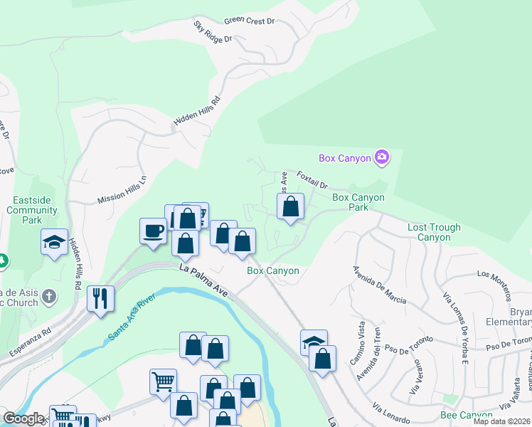 map of restaurants, bars, coffee shops, grocery stores, and more near in Yorba Linda