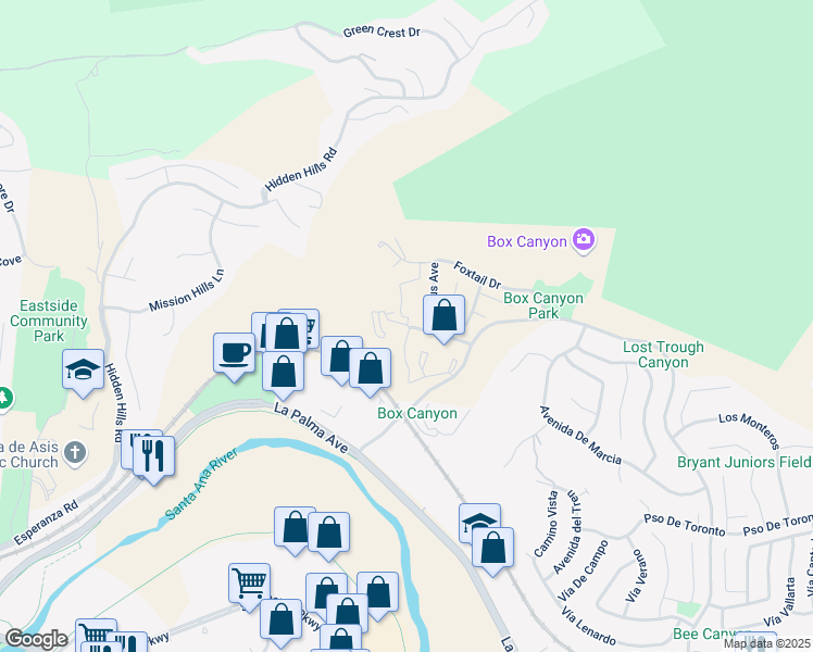 map of restaurants, bars, coffee shops, grocery stores, and more near 5320 Silver Canyon Road in Yorba Linda