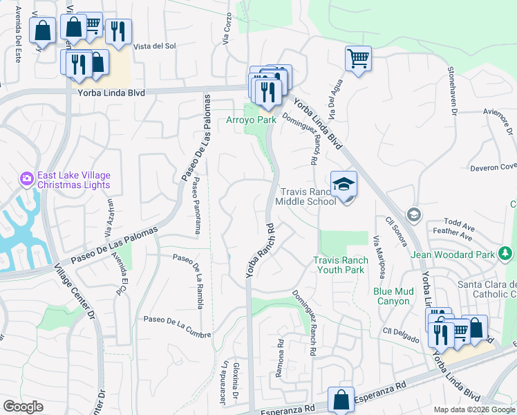map of restaurants, bars, coffee shops, grocery stores, and more near 5294 Vía Ramon in Yorba Linda
