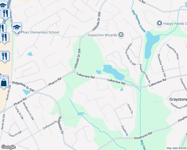 map of restaurants, bars, coffee shops, grocery stores, and more near 1429 Lakeview Road in Grayson