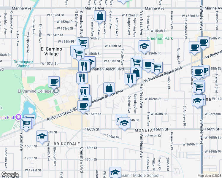 map of restaurants, bars, coffee shops, grocery stores, and more near 16028 Arcturus Avenue in Gardena