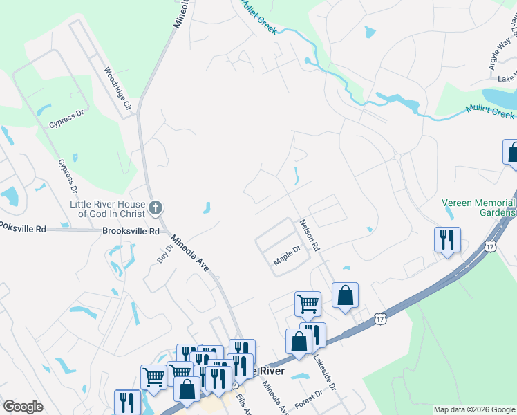 map of restaurants, bars, coffee shops, grocery stores, and more near 1898 North Twisted Oaks Drive in Little River