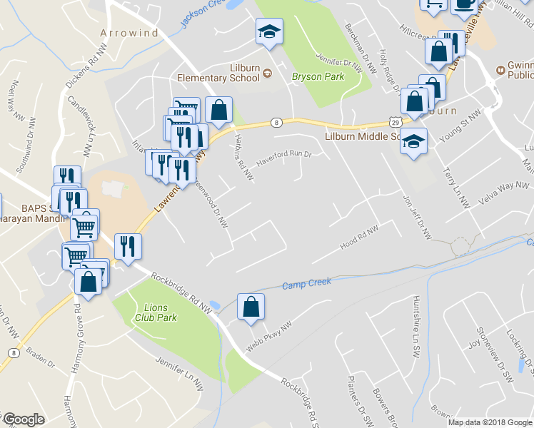 map of restaurants, bars, coffee shops, grocery stores, and more near 5255 Cobblestone Way NW in Lilburn