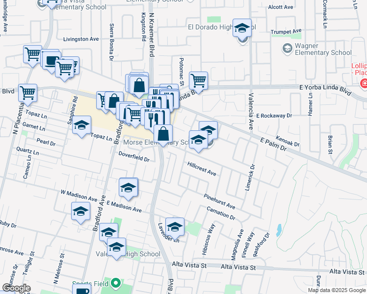 map of restaurants, bars, coffee shops, grocery stores, and more near 1301 Cypress Point Drive in Placentia