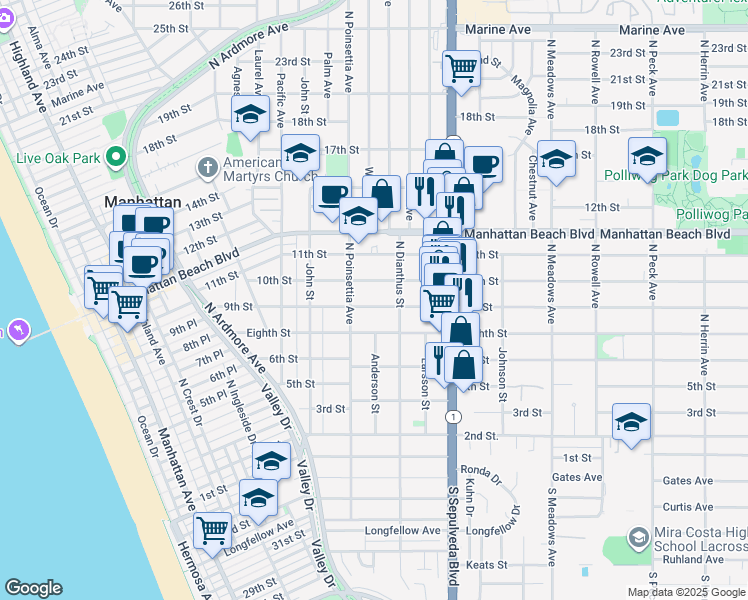 map of restaurants, bars, coffee shops, grocery stores, and more near 927 9th Street in Manhattan Beach