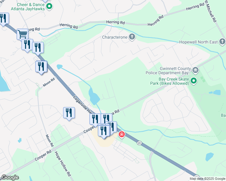 map of restaurants, bars, coffee shops, grocery stores, and more near 2574 Bay Crest Lane Southeast in Loganville
