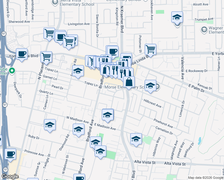 map of restaurants, bars, coffee shops, grocery stores, and more near 186 Southampton Way in Placentia