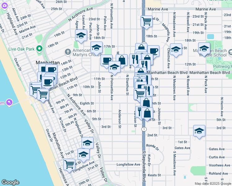 map of restaurants, bars, coffee shops, grocery stores, and more near 921 9th Street in Manhattan Beach