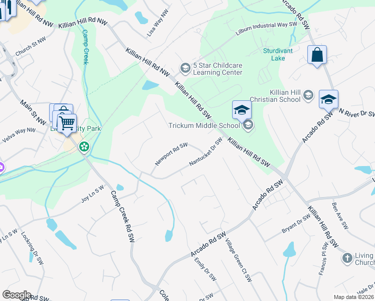map of restaurants, bars, coffee shops, grocery stores, and more near 203 Newport Road Southwest in Lilburn