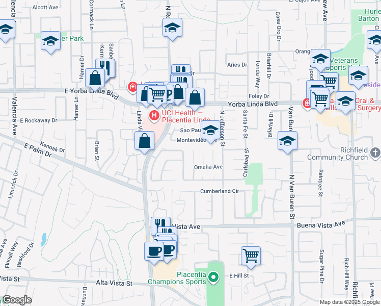 map of restaurants, bars, coffee shops, grocery stores, and more near 1255 Lasterbrook Street in Placentia