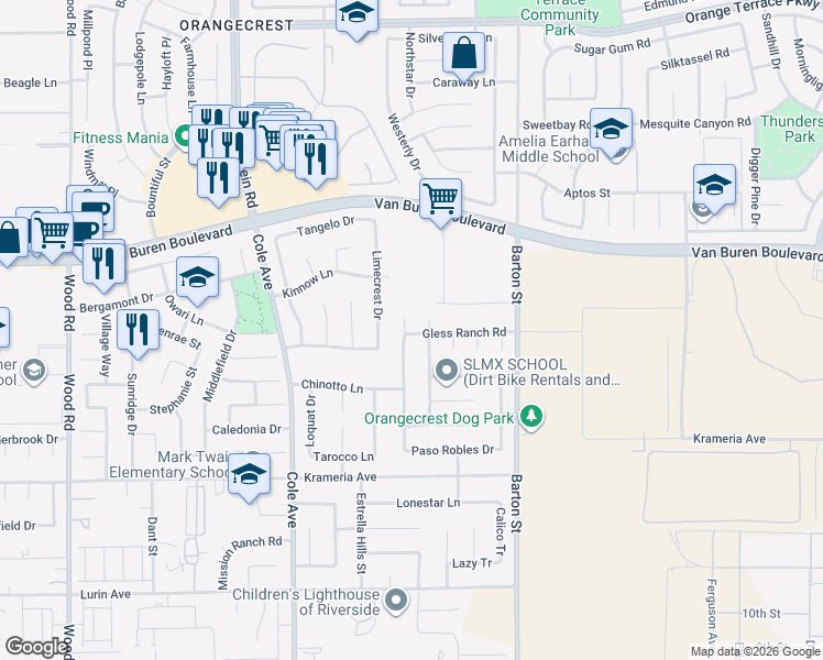map of restaurants, bars, coffee shops, grocery stores, and more near 9132 Santa Barbara Drive in Riverside