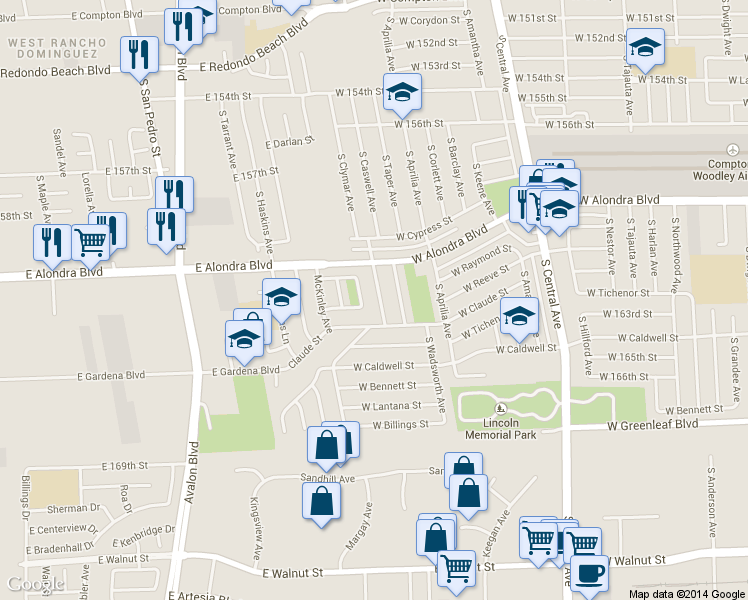 map of restaurants, bars, coffee shops, grocery stores, and more near 1015 S Clymar Ave in Compton
