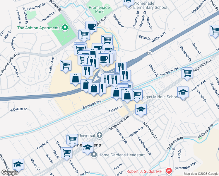 map of restaurants, bars, coffee shops, grocery stores, and more near 2199 Sampson Avenue in Corona