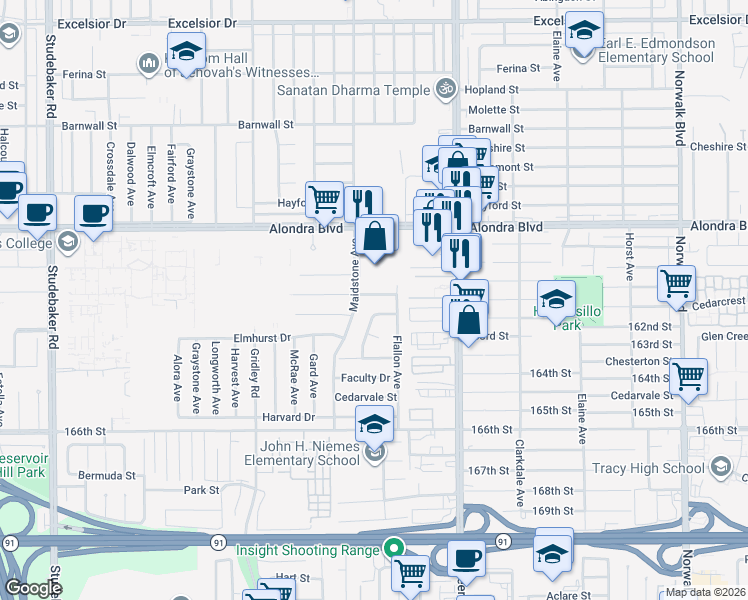 map of restaurants, bars, coffee shops, grocery stores, and more near 11620 College Drive in Norwalk