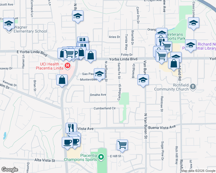 map of restaurants, bars, coffee shops, grocery stores, and more near 1250 North Jefferson Street in Placentia