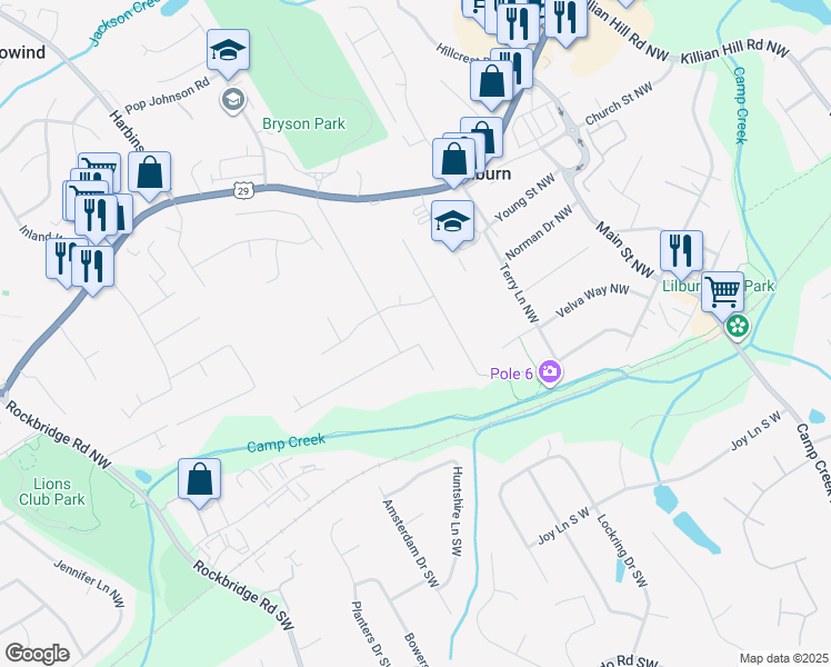 map of restaurants, bars, coffee shops, grocery stores, and more near 185 Lucile Lane Northwest in Lilburn