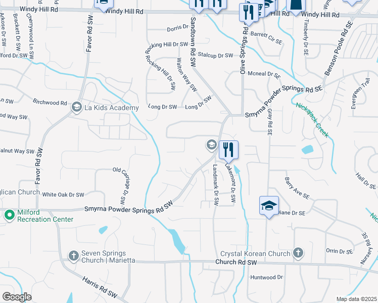 map of restaurants, bars, coffee shops, grocery stores, and more near 2769 Northwood Court in Marietta
