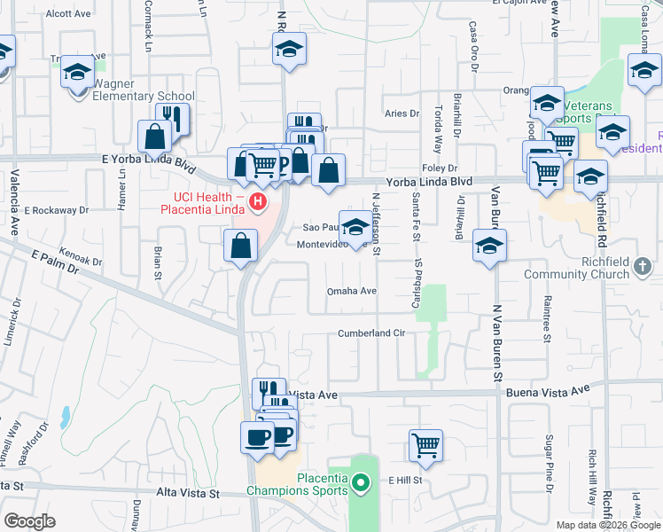 map of restaurants, bars, coffee shops, grocery stores, and more near 1255 Lasterbrook Street in Placentia
