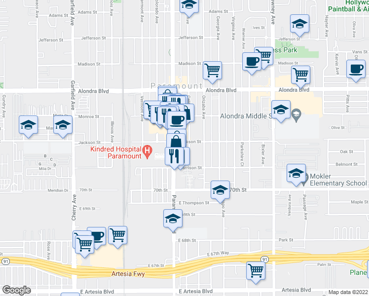 map of restaurants, bars, coffee shops, grocery stores, and more near 2 California Avenue in Paramount