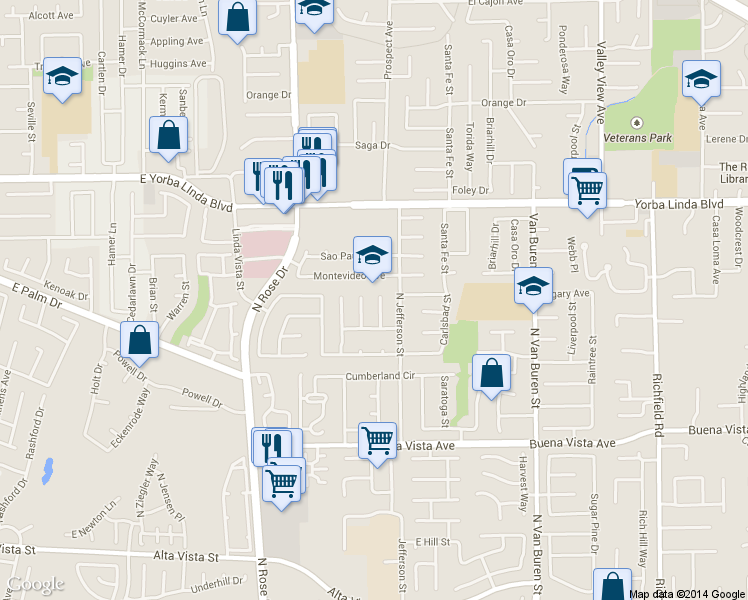 map of restaurants, bars, coffee shops, grocery stores, and more near 1255 Bering Street in Placentia