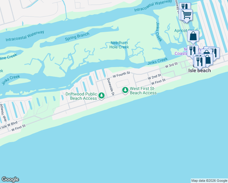 map of restaurants, bars, coffee shops, grocery stores, and more near 2 Duneside Drive in Ocean Isle Beach