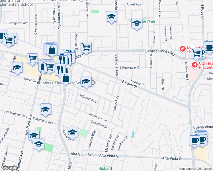 map of restaurants, bars, coffee shops, grocery stores, and more near 1347 Orleans Drive in Placentia