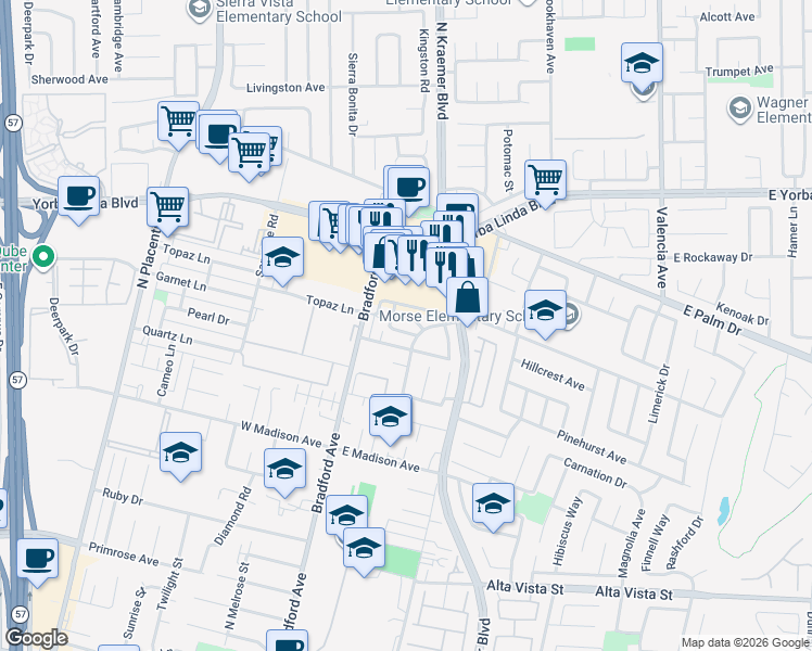 map of restaurants, bars, coffee shops, grocery stores, and more near 166 Southampton Way in Placentia