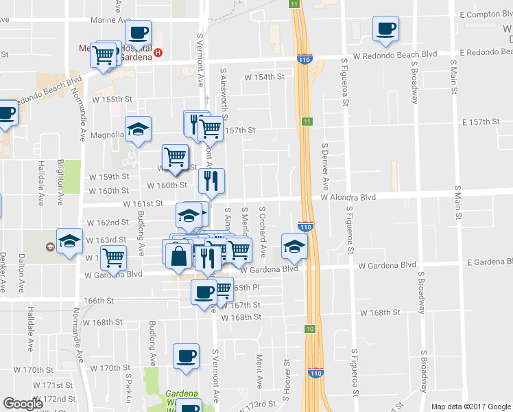 map of restaurants, bars, coffee shops, grocery stores, and more near 746 West Alondra Boulevard in Gardena