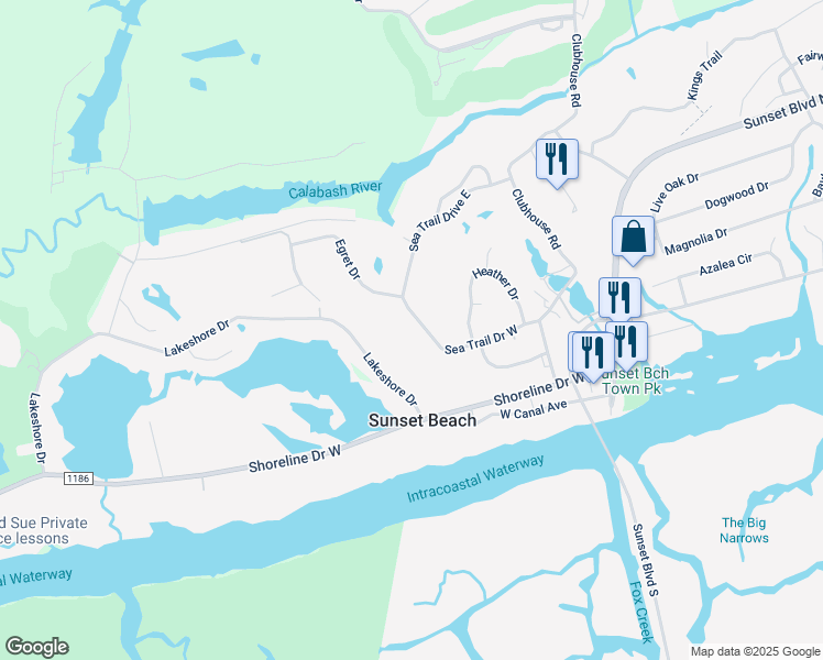 map of restaurants, bars, coffee shops, grocery stores, and more near 399 Sea Trail Drive West in Sunset Beach