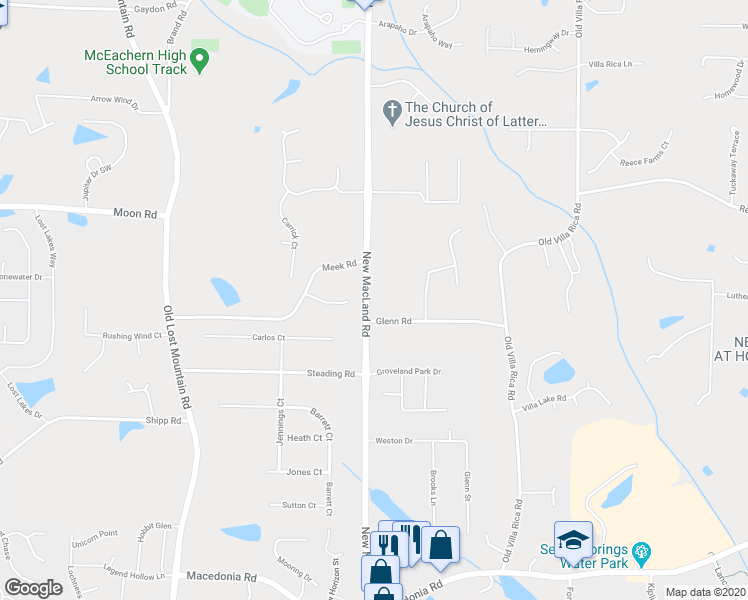 map of restaurants, bars, coffee shops, grocery stores, and more near 2816 New Macland Road in Powder Springs