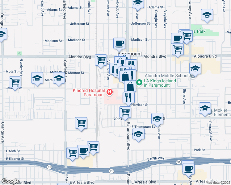 map of restaurants, bars, coffee shops, grocery stores, and more near 7800 Jackson Street in Paramount