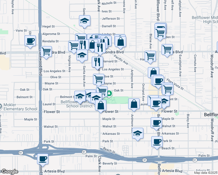 map of restaurants, bars, coffee shops, grocery stores, and more near 9441 Oak Street in Bellflower