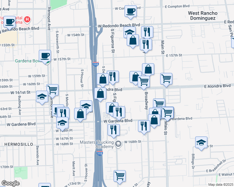 map of restaurants, bars, coffee shops, grocery stores, and more near 16110 South Figueroa Street in Gardena