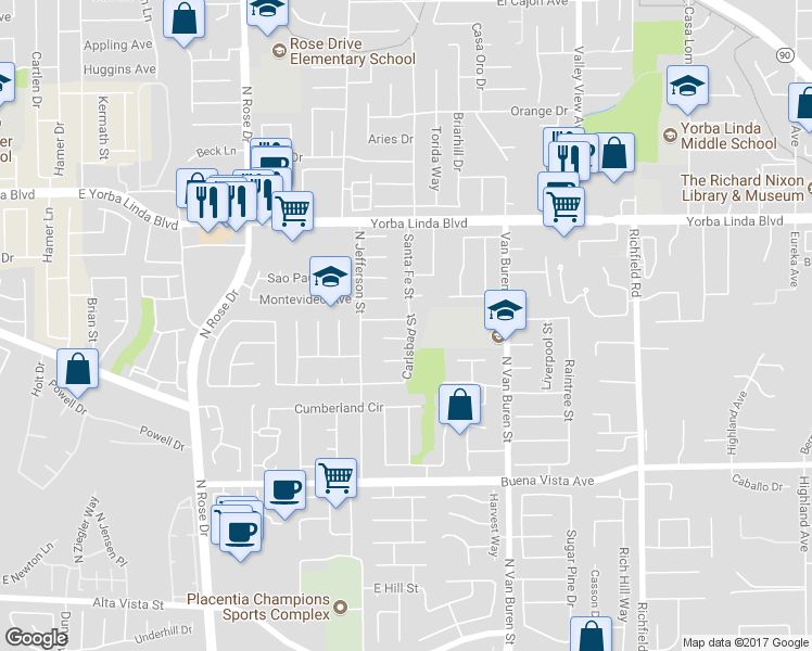map of restaurants, bars, coffee shops, grocery stores, and more near 1249 Carlsbad Street in Placentia
