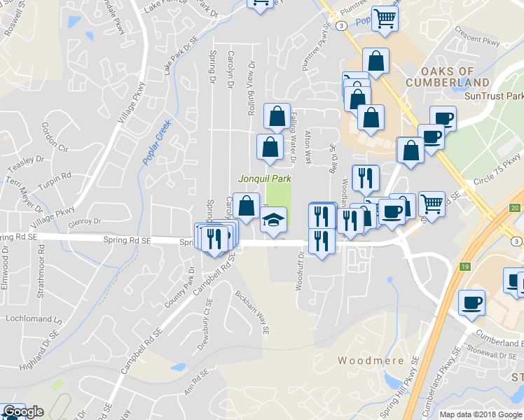 map of restaurants, bars, coffee shops, grocery stores, and more near 2391 Farmstead Circle in Smyrna
