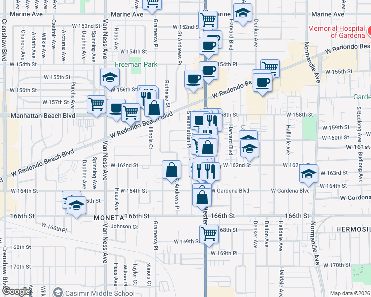 map of restaurants, bars, coffee shops, grocery stores, and more near 16017 South Manhattan Place in Gardena