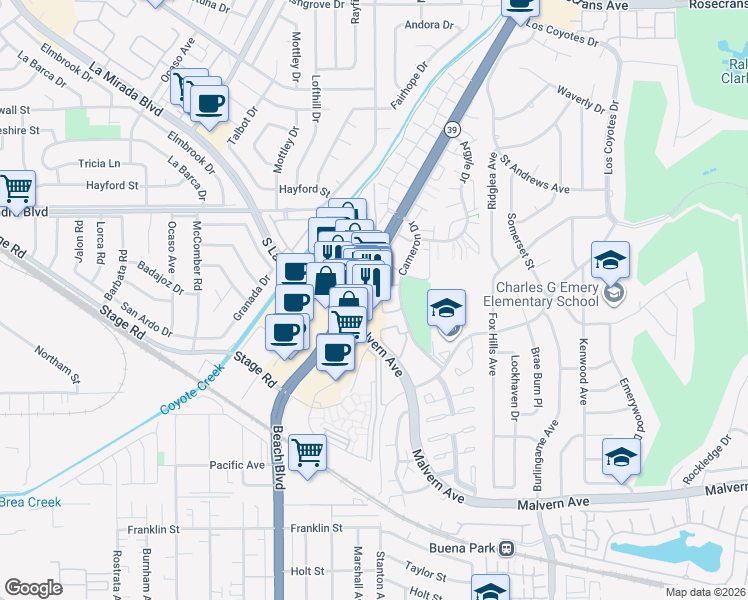 map of restaurants, bars, coffee shops, grocery stores, and more near 5240 Beach Boulevard in Buena Park